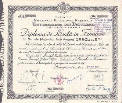PM463N Diplomă de Licență &amp;icirc;n Farmacie, 1937, Universitatea din București foto