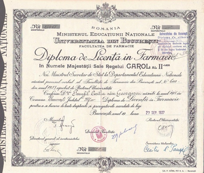 PM463N Diplomă de Licență &icirc;n Farmacie, 1937, Universitatea din București