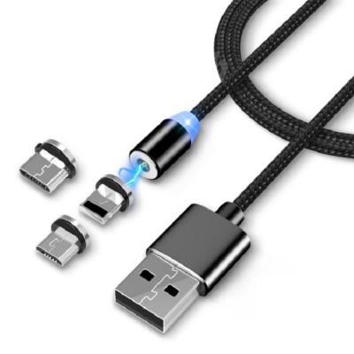 Cablu de incarcare magnetic 3 in1,conectori USB-C Micro-USB, pentru Android si iPhone, 2A, 1M, negru foto