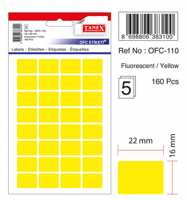 Etichete Autoadezive Color, 16 X 22 Mm, 160 Buc/set, Tanex - Galben Fluorescent