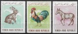 Triptic 3 Timbre Republica Arabă Yemen 1965 Animale Domestice Iepure Cucoș Măgar 1/4 B Neștampilat - A007