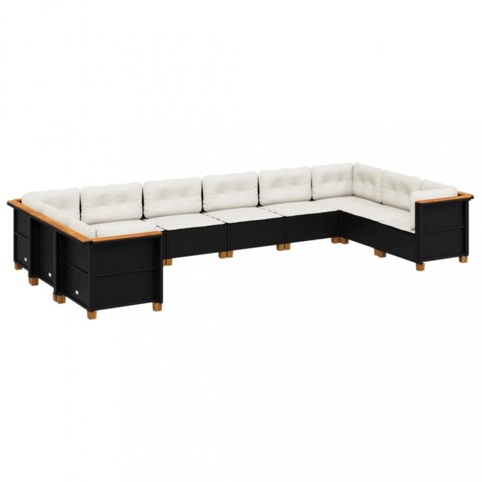 Set canapele de gradina cu perne, 10 piese, negru, poliratan