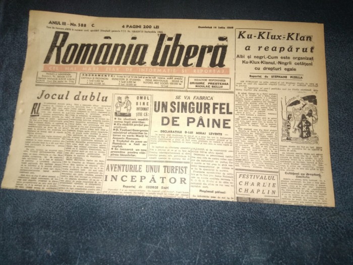 ZIAR ROMANIA LIBERA 14 IULIE 1946 KU-KLUX-KLAN A REEAPARUT