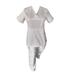 Costum Medical Pe Stil, Alb cu Elastan cu Garnitură stil Japonez, Model Sanda - M, L