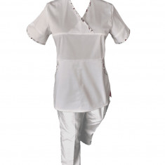 Costum Medical Pe Stil, Alb cu Elastan cu Garnitură stil Japonez, Model Sanda - 2XL, 2XL