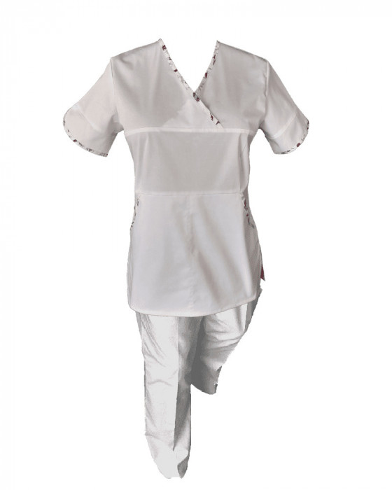 Costum Medical Pe Stil, Alb cu Elastan cu Garnitură stil Japonez, Model Sanda - S, 3XL