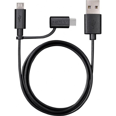 Cablu Date si Incarcare USB la MicroUSB - USB la USB Type-C Varta 2in1, 1 m, Negru foto