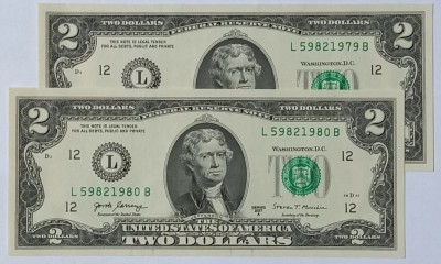 S.U.A., 2 x 2 Dolari 2017, UNC, Consecutive. foto