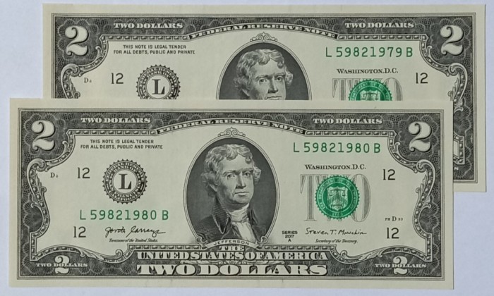 S.U.A., 2 x 2 Dolari 2017, UNC, Consecutive.