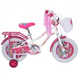 Bicicleta pentru copii 5-8 ani Belderia Dora, roti 16 inch, cu roti ajutatoare si frane V-Brake, alb, cu cosulet si portbagaj