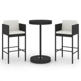 Set mobilier bar de gradina cu perne, 3 piese, negru, poliratan