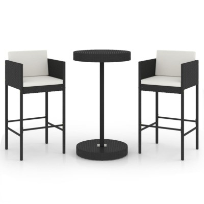 Set mobilier bar de gradina cu perne, 3 piese, negru, poliratan foto