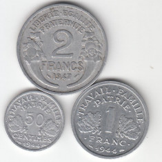 FRANTA - SET 50 centimes +1 Franc 1944+2 Francs 1947 , LF1.23
