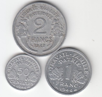 FRANTA - SET 50 centimes +1 Franc 1944+2 Francs 1947 , LF1.23 foto