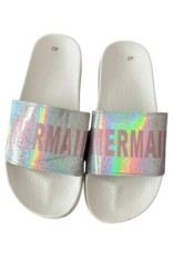 Papuci de damă cu imprimeu sirenă, gri metalizat cu roz, mărimea 40 EU