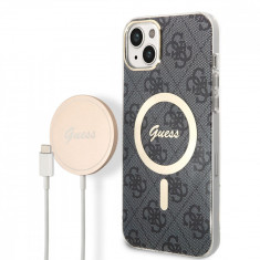 Husa de protectie telefon Guess pentru iPhone 14 Plus si Incarcator wireless si cablu, Silicon, Magsafe, Negru