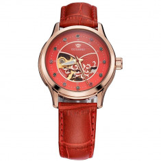 Ceas de dama OUYAWEI, mecanism automatic, curea din piele de culoare rosie, rezistent la apa 3ATM(30m), stil Fashion foto