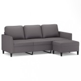 Canapea cu 3 locuri si taburet, gri, 180 cm, piele ecologica
