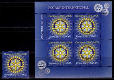 RO 2005 ,LP 1673,&amp;quot;Centenar Rotary &amp;quot;, serie + bloc de 4 marci ,MNH foto