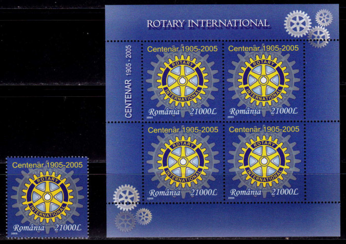 RO 2005 ,LP 1673,&quot;Centenar Rotary &quot;, serie + bloc de 4 marci ,MNH
