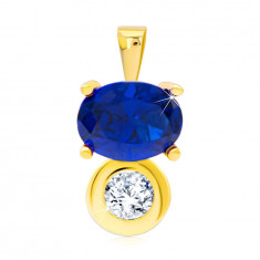 Pandantiv din aur galben 375 - zircon albastru distinctiv și zircon transparent mai mic într-o lunetă rotundă netedă