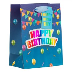 Pungă Cadou, Model Happy Birthday, H&acirc;rtie, Culoare Multicolor, Dimensiuni 11x6x14cm