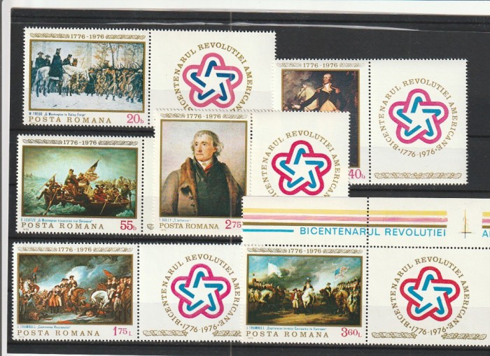 1976 LP 904 a LP 905 BICENTENARUL REVOLUTIEI AMERICANE SERIE VINIETA+COLITA MNH