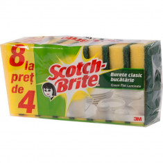 Bureti Scotch-Brite Clasic, 8 Buc/Set, Culoare Galbena, Spuma Poliuretanica si Fibra Abraziva, Bureti cu Spuma si Fibra Abraziva, Bureti Curatare Vase