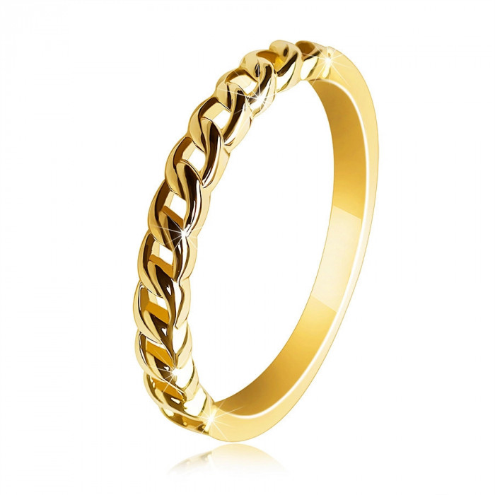 Inel din aur galben 585 - două linii &icirc;mpletite cu decupaje &icirc;n mijloc, aspect de lanț - Marime inel: 58