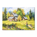 Tablou peisaj pictat manual, La cabana de la munte, 70x50cm ulei pe panza, Constantin Feraru