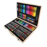 Set de pictura si desen pentru copii WePro Store, 180 de piese, creioane colorate, vopsele si markere, Geanta depozitare din lemn