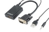 CABLU video GEMBIRD, adaptor VGA(T)+Jack 3.5mm(T) la HDMI(M),15cm,rez max Full HD 60Hz, conecteaza placa vid cu VGA la monitor HDMI,cablu power USB,ne