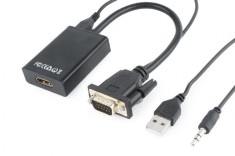 CABLU video GEMBIRD, adaptor VGA(T)+Jack 3.5mm(T) la HDMI(M),15cm,rez max Full HD 60Hz, conecteaza placa vid cu VGA la monitor HDMI,cablu power USB,ne