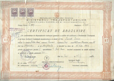 AMS# - CERTIFICAT ABSOLVIRE SCOALA DE CALIFICARE A MINISTERULUI TRANSPORT 1952 foto