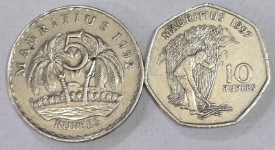 MAURITIUS Set / Lot 5 , 2 Monede : 5 Rupees 1992 + 10 Rupees 1997 foto