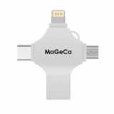 Stick de memorie metalic MaGeCa&reg; 64 GB, Multi port 4 in 1, USB 3.0/ USB Type-C/ Lightning/ Micro-USB, Compatibil iPhone/ Android, 80 MB/s viteza trans