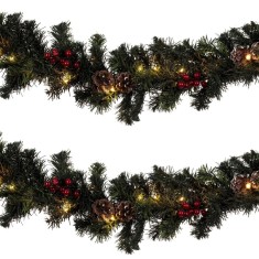 Ghirlandă Decorativă Crăciun, LED, Verde, 2.7m x 8cm, Conuri și Baterii Incluse
