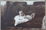 Copil pe patura// foto tip CP, Romania interbelica, Romania 1900 - 1950, Portrete