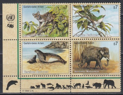 Natiunile Unite Viena 1994 - Animale amenințate, Serie cu Tabsuri, MNH foto