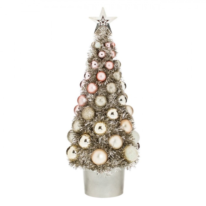 Brad Decorativ de Craciun, Tinsel, Bej Sampanie, Globuri Roz-Bej, 30cm