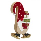 Figurină Lemn Crăciun Gnome cu Patine, Căciulă Catifelată Bordo, Detalii Glitter, 14cm, Oem