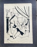 Caricatură 2 interbelică Fred (Alfred) Ghenădescu (1903 - ?), tuș pe h&acirc;rtie lipită pe carton subțire, artist roman, 30x23,5 / 26x18 cm