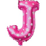 Balon folie metalizata litera j, flippy, 40 cm, cu imprimeu inimioare, umflati cu heliu sau aer, ambalaj individual, pai inclus, roz