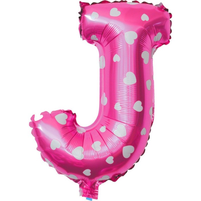 Balon folie metalizata litera j, flippy, 40 cm, cu imprimeu inimioare, umflati cu heliu sau aer, ambalaj individual, pai inclus, roz