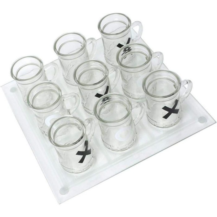 Tablă de Joc X și O eMazing, cu Mini Halbe din Sticlă, 25 x 25 cm, Ideală pentru Petreceri, Decor, Transparent