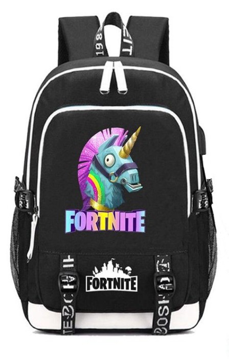 Ghiozdan Fortnite negru cu alb, imprimeu FORTNITE multicolor model 3 Ghiozdan Fortnite negru cu alb, imprimeu FORTNITE multicolor model 3