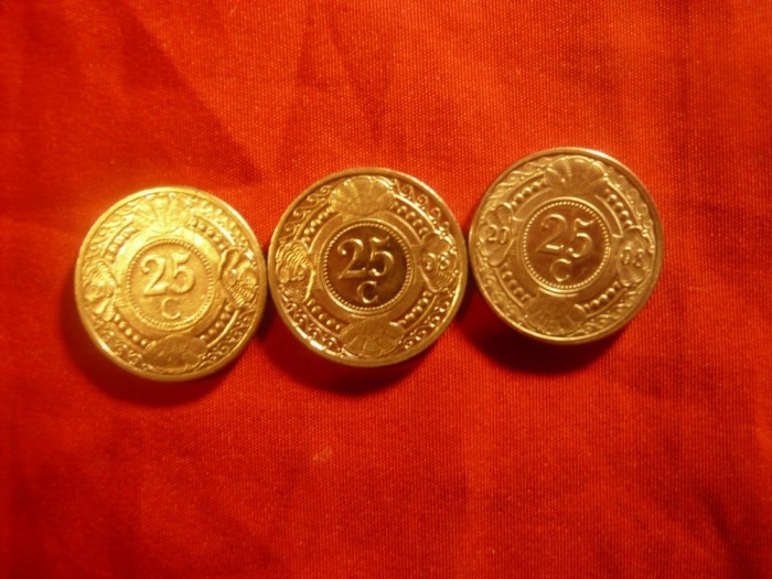 Set 3 Monede 25C Antilele Olandeze 1998 ,2004 ,2008 , Cu-Ni ,cal.apr.NC