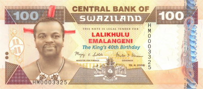 SWAZILAND █ bancnota █ 100 Emalangeni █ 2008 █ P-34 █ POLYMER █ UNC necirculata foto