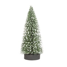 Brad artificial de craciun, ornament pentru masa, pe suport lemn, 15 cm inaltime, verde inzapezit