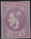 RO-0063=ROMANIA 1868-3 bani violet-Lp22-CAROL cu favoriti-nestampil cu sarniera, Nestampilat